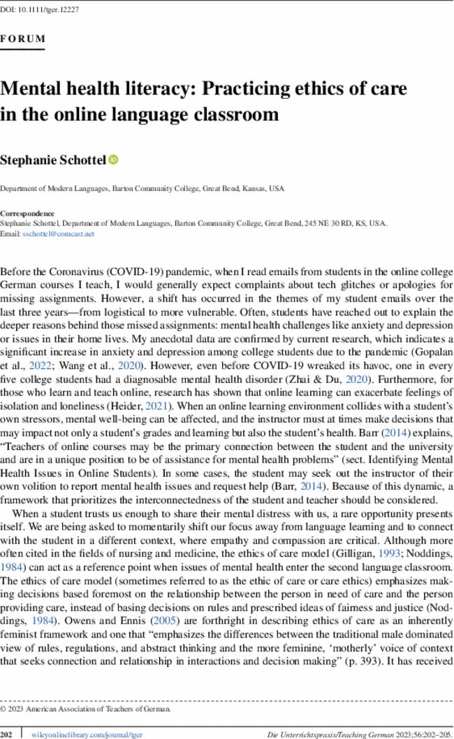 Mental health literacy: Practicing ethics of care in the online language classroom