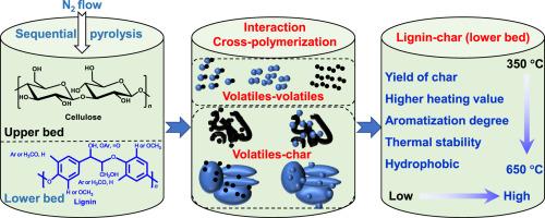 Sequential pyrolysis for understanding specific influence of cellulose- and lignin-derived volatiles on properties of counterpart char