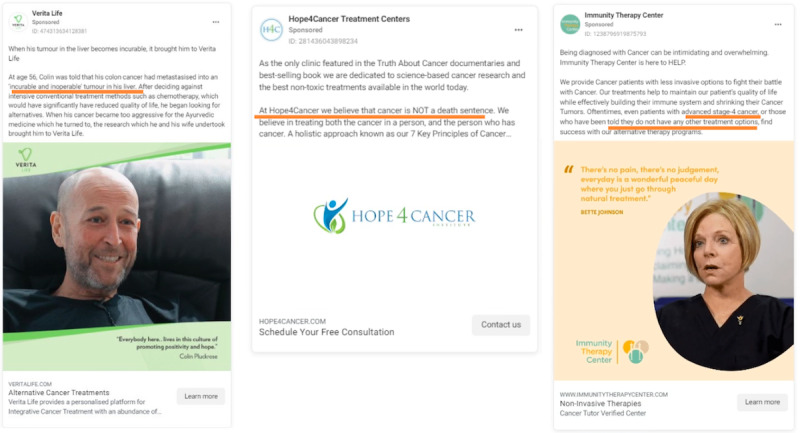 Advertising Alternative Cancer Treatments and Approaches on Meta Social Media Platforms: Content Analysis.