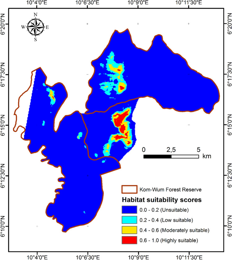 Mapping suitable habitat for Nigeria-Cameroon chimpanzees in Kom-Wum Forest Reserve, North-Western Cameroon.