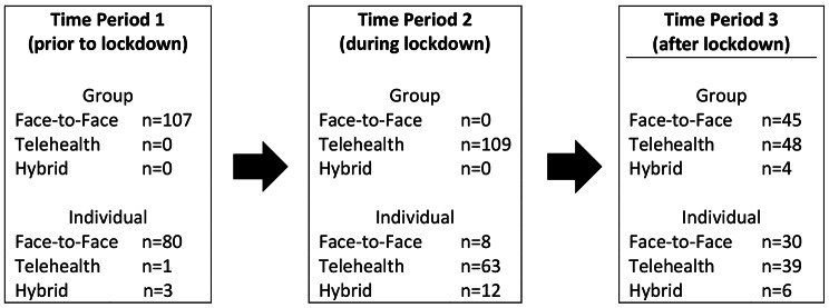 Engagement over telehealth: comparing attendance between dialectical behaviour therapy delivered face-to-face and via telehealth for programs in Australia and New Zealand during the Covid-19 pandemic.