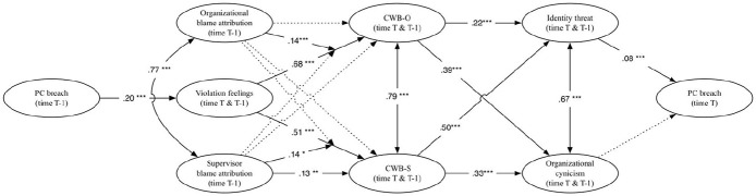 Perceived identity threat and organizational cynicism in the recursive relationship between psychological contract breach and counterproductive work behavior.