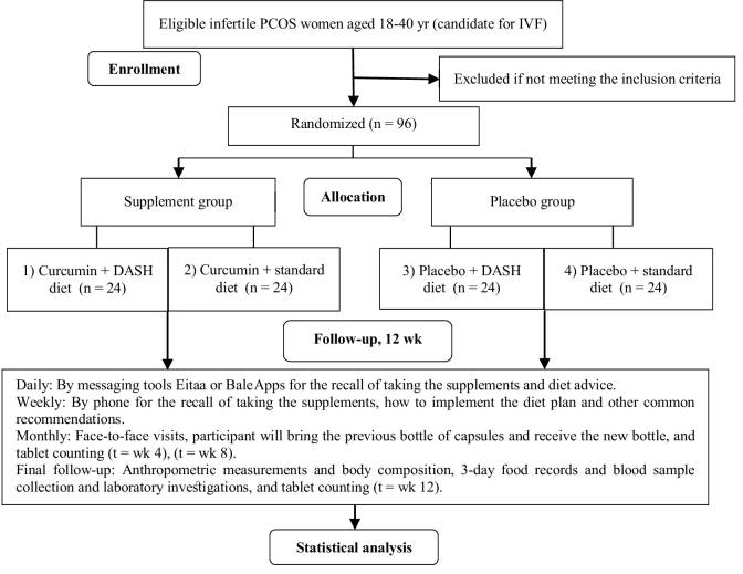 Effect of dietary approaches to stop hypertension, and standard diets with and without curcumin on interleukin-1 alpha, 5-alpha reductase gene expressions, and androgenic and glycemic profile in polycystic ovary syndrome women undergoing in vitro fertilization treatment: A study protocol.