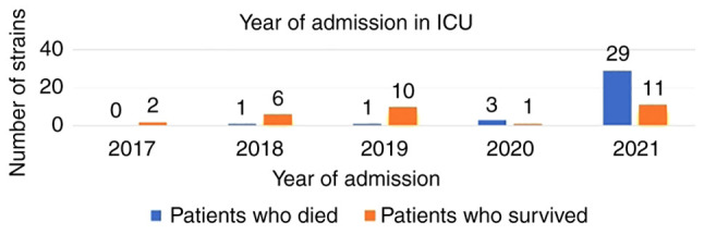 Risk factors in non‑surviving patients with infection with carbapenemase‑producing Enterobacterales strains in an intensive care unit.