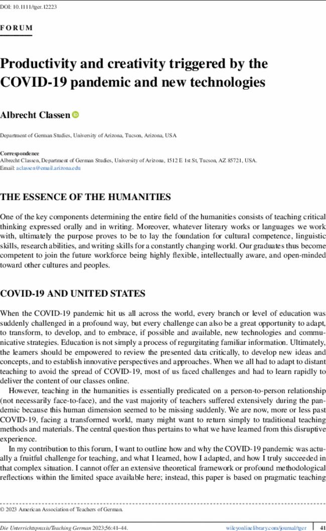 Productivity and creativity triggered by the COVID-19 pandemic and new technologies