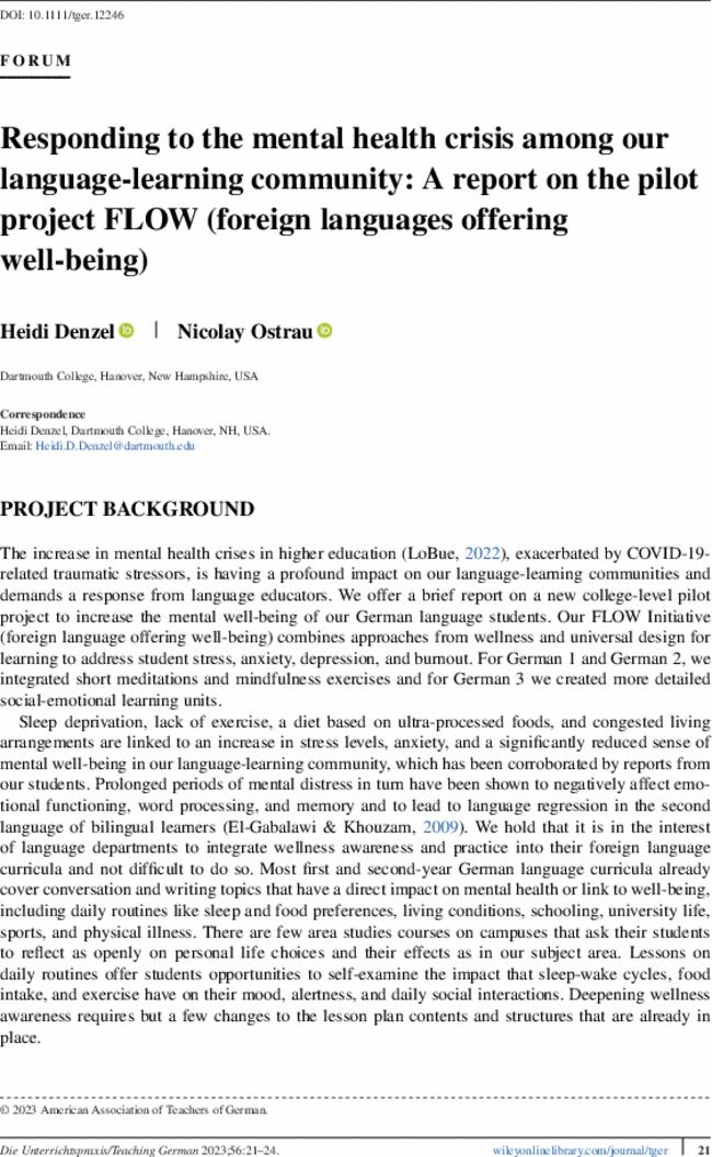 Responding to the mental health crisis among our language-learning community: A report on the pilot project FLOW (foreign languages offering well-being)