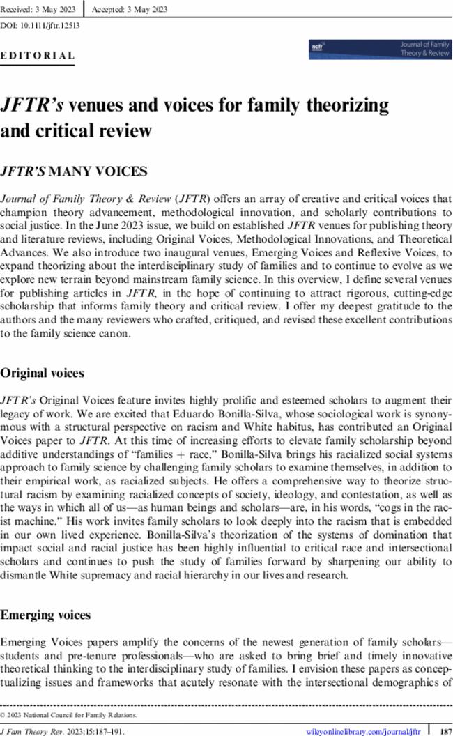 JFTR's venues and voices for family theorizing and critical review