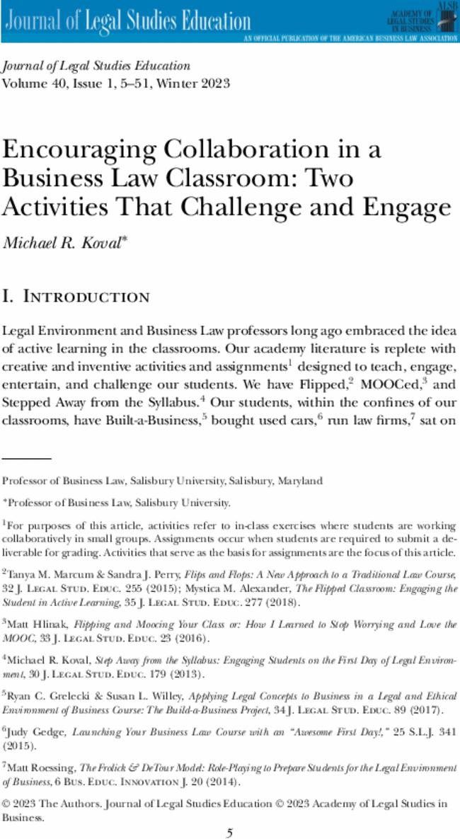 Encouraging Collaboration in a Business Law Classroom: Two Activities That Challenge and Engage