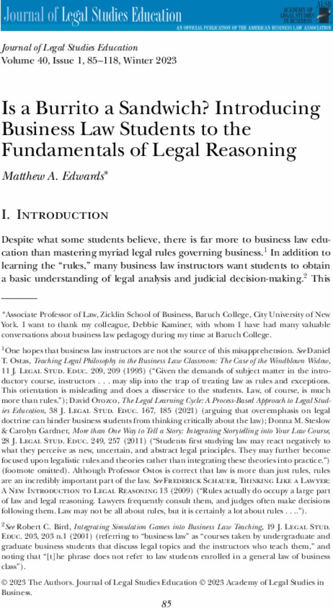 Is a Burrito a Sandwich? Introducing Business Law Students to the Fundamentals of Legal Reasoning