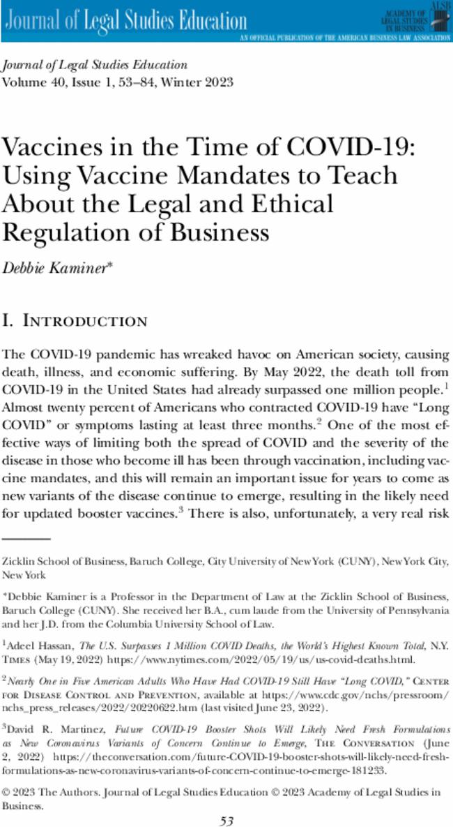 Vaccines in the Time of COVID-19: Using Vaccine Mandates to Teach About the Legal and Ethical Regulation of Business