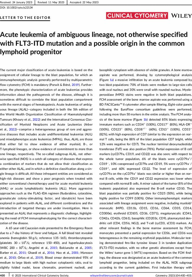 Acute leukemia of ambiguous lineage, not otherwise specified with FLT3-ITD mutation and a possible origin in the common lymphoid progenitor