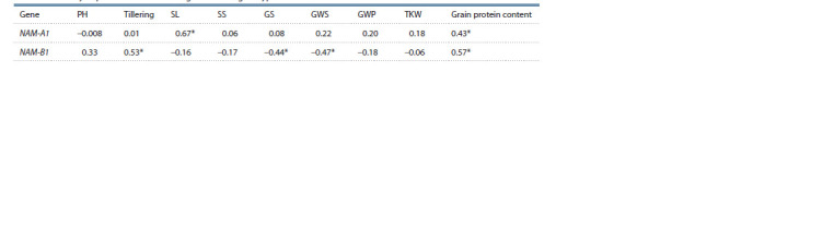 Effect of NAM-1 genes on the protein content in grain and productivity indices in common wheat lines with foreign genetic material introgressions in the conditions of Belarus.