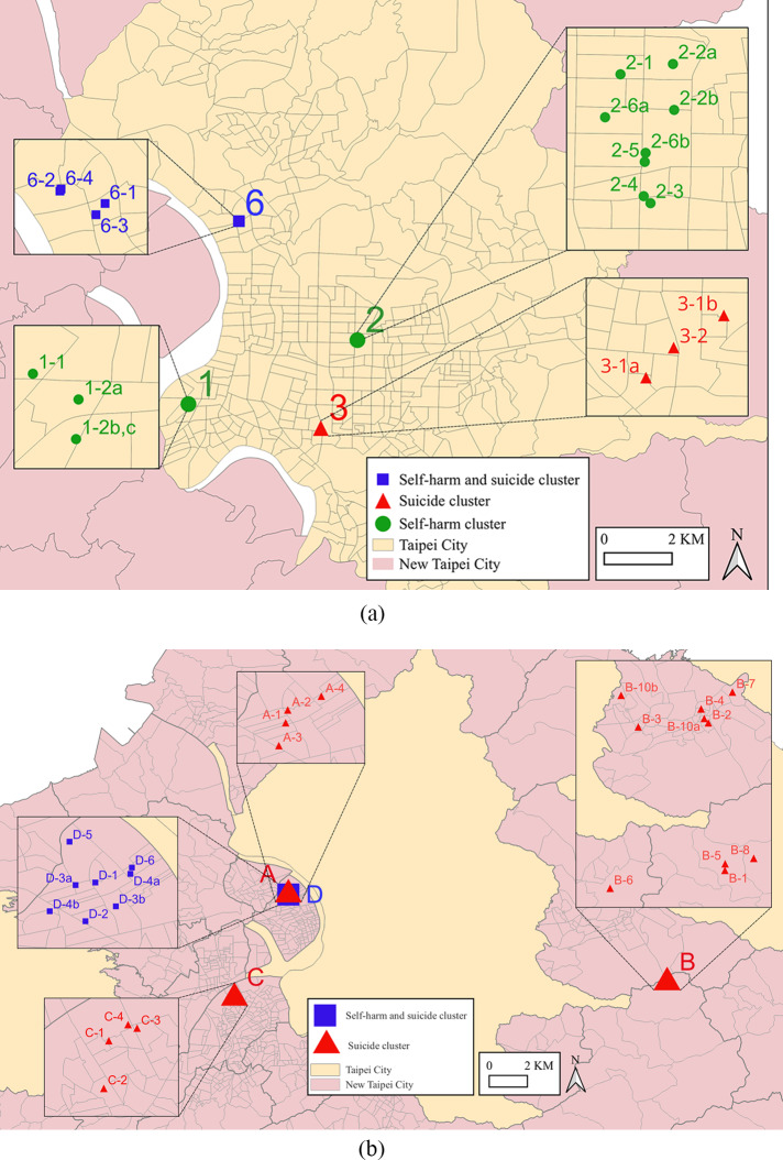 Space-time self-harm and suicide clusters in two cities in Taiwan.