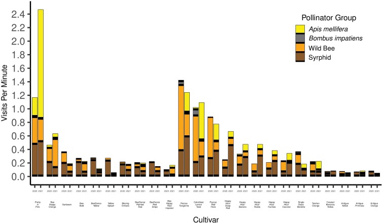 Variation in pollinator visitation among garden cultivars of marigold, portulaca, and bidens.