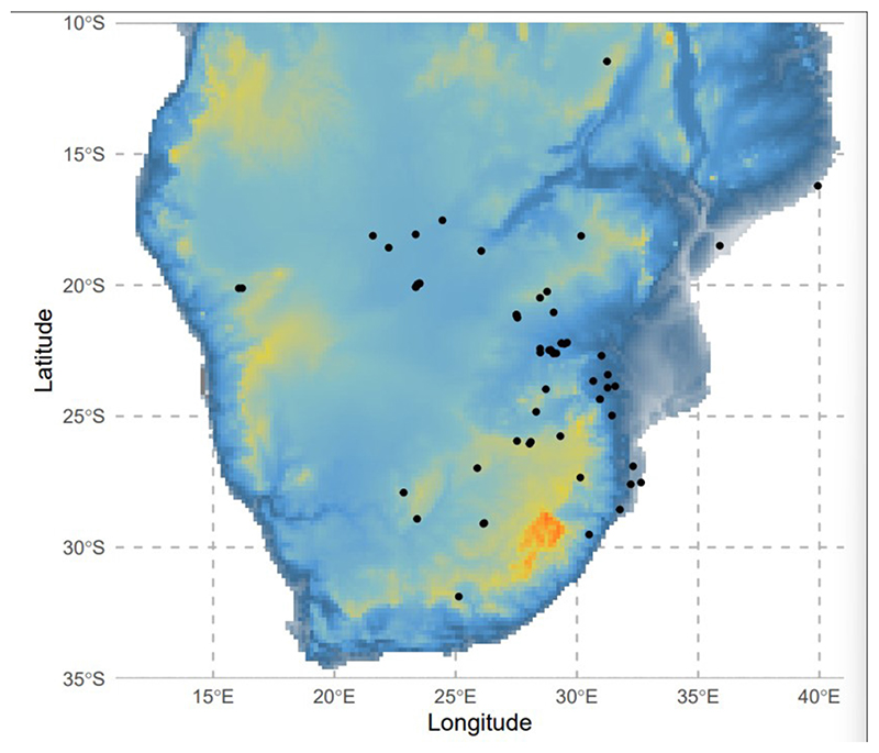 Potential decline in the distribution and food provisioning services of the mopane worm <i>(Gonimbrasia belina)</i> in southern Africa.