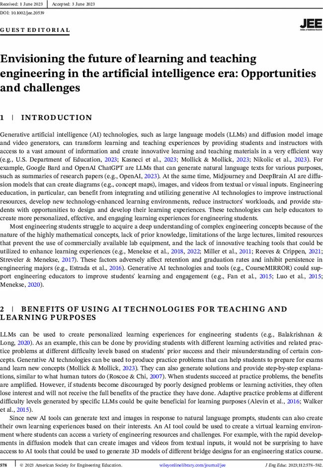 Envisioning the future of learning and teaching engineering in the artificial intelligence era: Opportunities and challenges