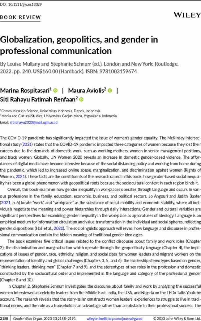 Globalization, geopolitics, and gender in professional communication. By  Louise Mullany and  Stephanie Schnurr (ed.), London and New York: Routledge.  2022. pp. 240. US$160.00 (Hardback). ISBN: 9781003159674