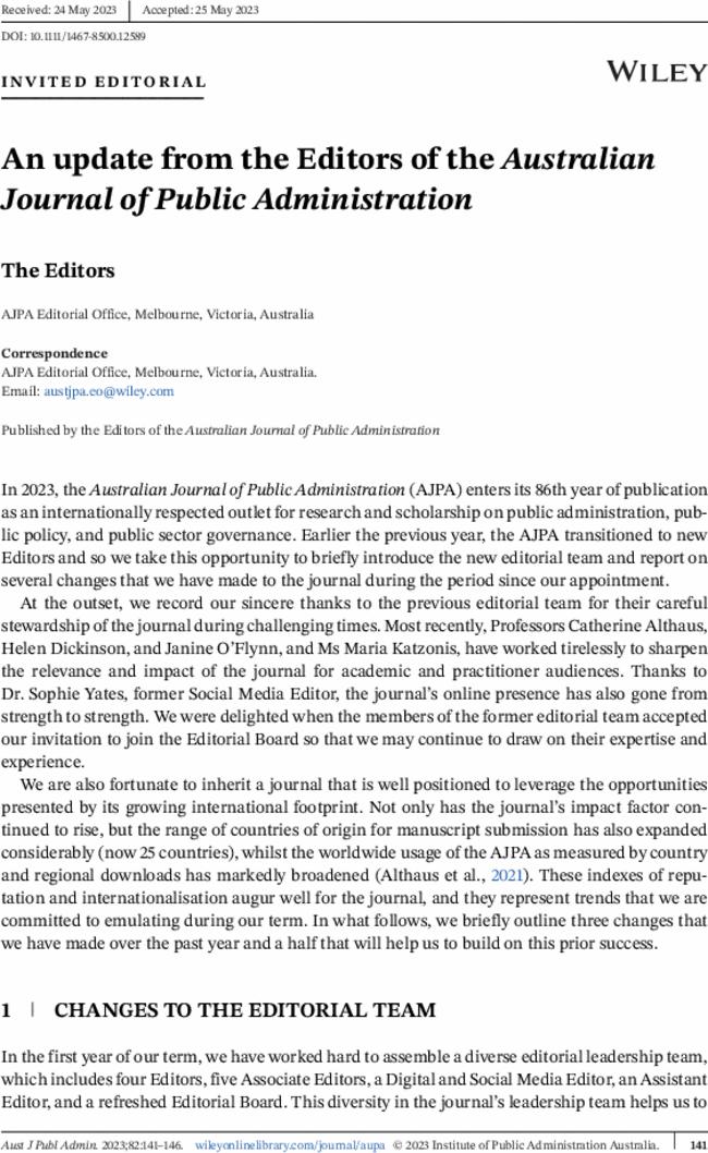 An update from the Editors of the Australian Journal of Public Administration