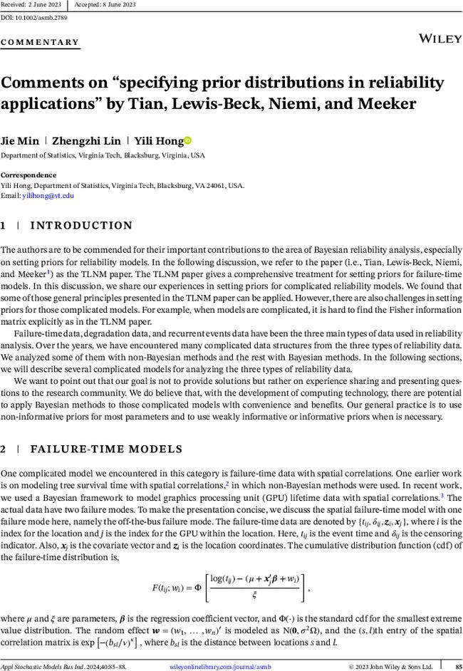 Comments on “specifying prior distributions in reliability applications” by Tian, Lewis-Beck, Niemi, and Meeker