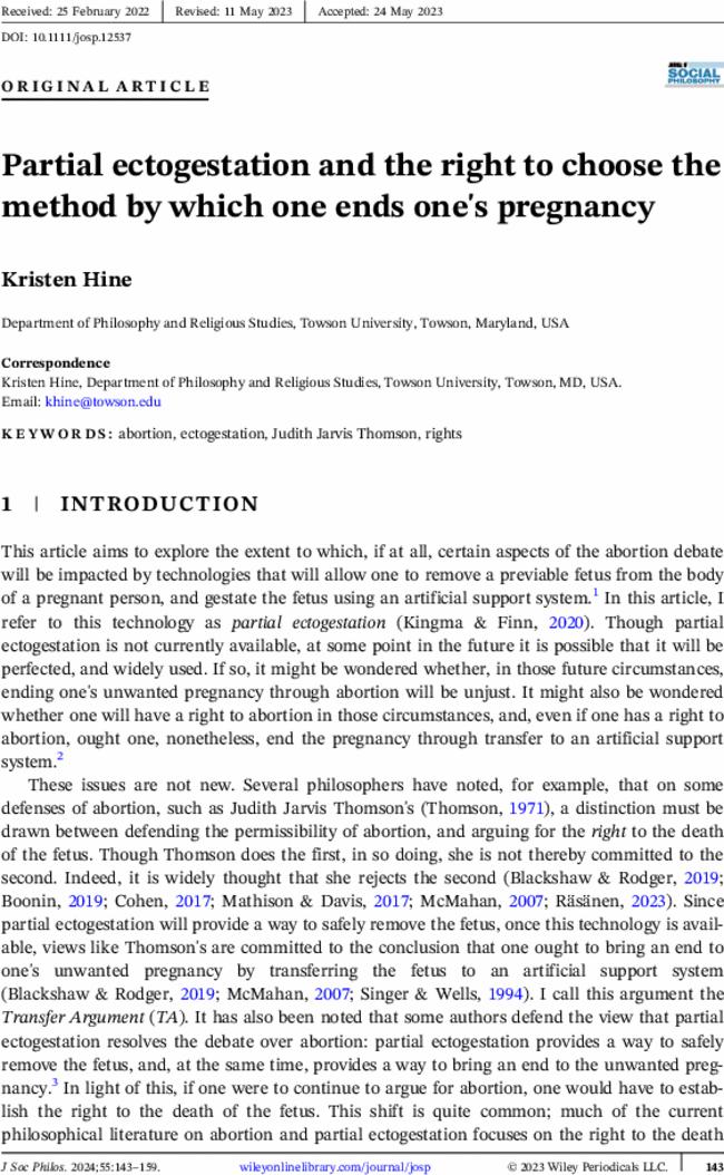 Partial ectogestation and the right to choose the method by which one ends one's pregnancy