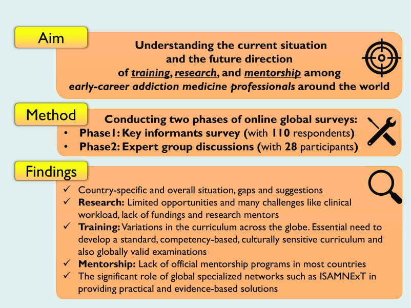 An online global survey and follow-up expert groups on the scope and needs related to training, research, and mentorship among early-career addiction medicine professionals.