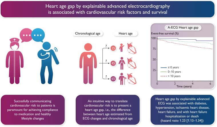 Heart age gap estimated by explainable advanced electrocardiography is associated with cardiovascular risk factors and survival.