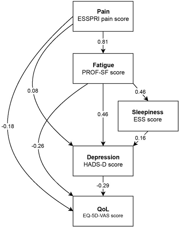 Depression in Sjögren's syndrome mediates the relationship between pain, fatigue, sleepiness, and overall quality of life.