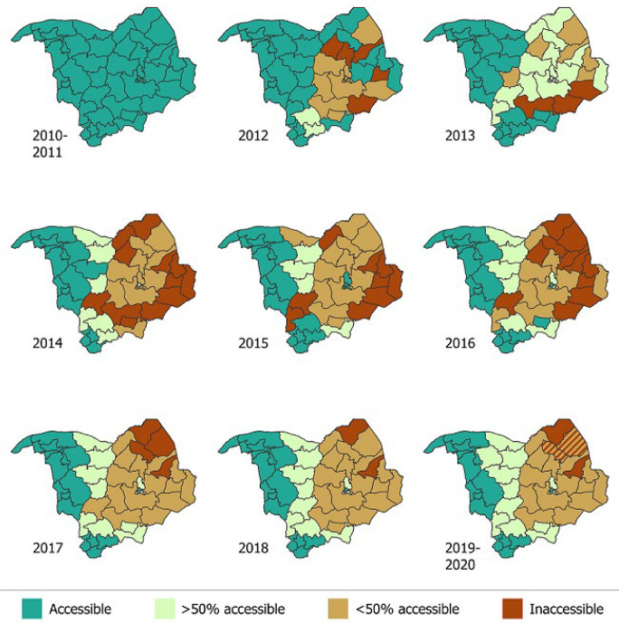 Historical reconstruction of inaccessibility status in Local Government Areas (LGAs) of Borno and Yobe States, Nigeria, 2010-2020.