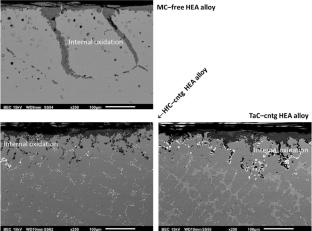 Behaviors in Oxidation at 1100°C of an Equimolar CoNiFeMnCr High-Entropy Alloy and of its Versions Moderately Added with HfC or TaC Carbides