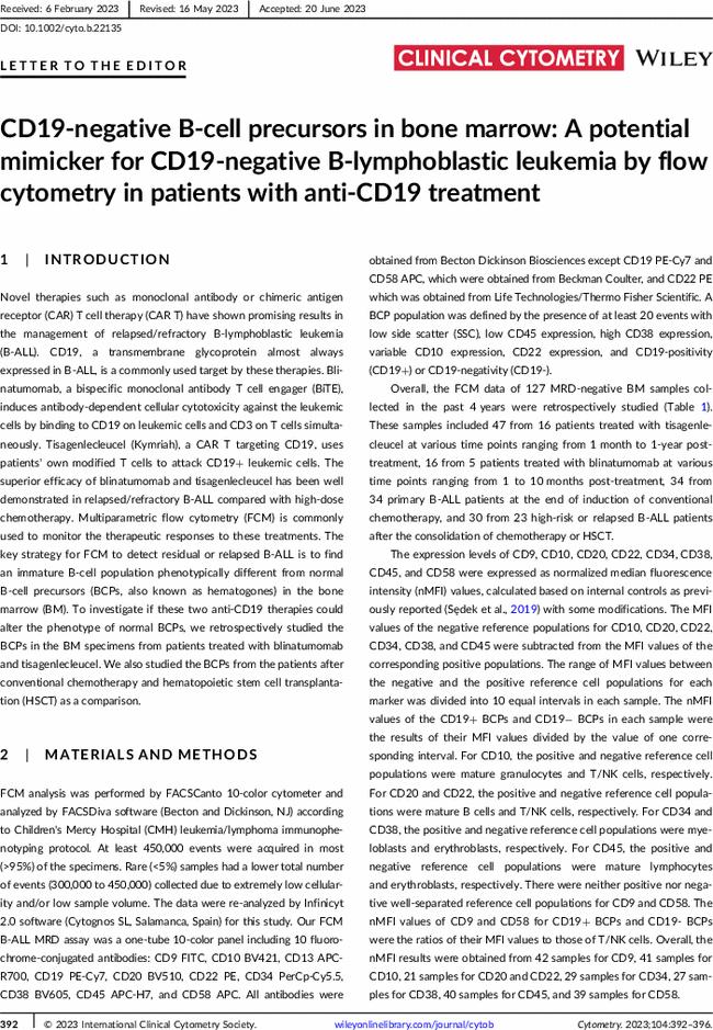 CD19-negative B-cell precursors in bone marrow: A potential mimicker for CD19-negative B-lymphoblastic leukemia by flow cytometry in patients with anti-CD19 treatment