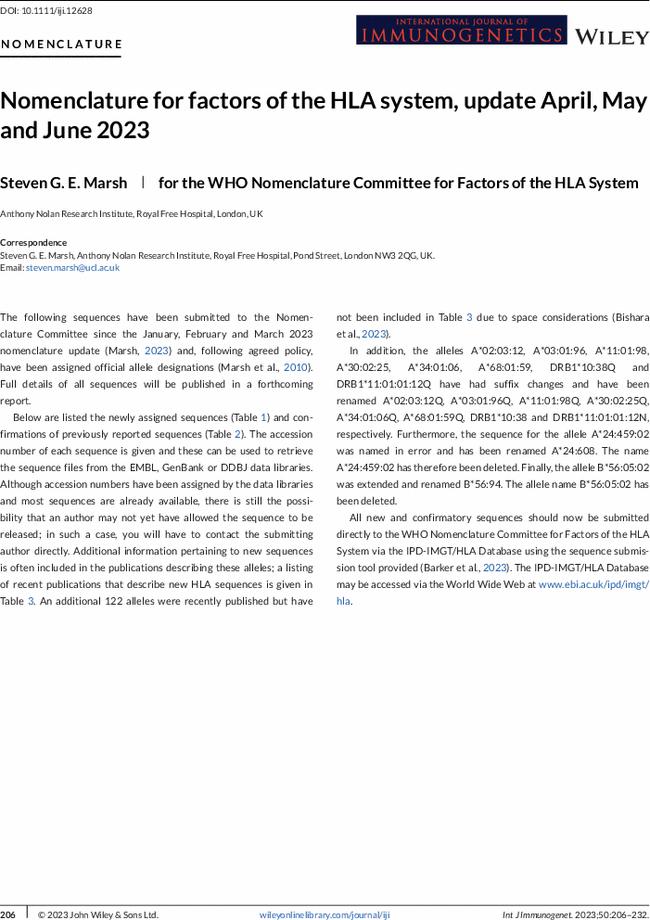 Nomenclature for factors of the HLA system, update April, May and June 2023