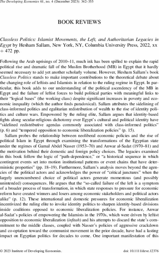 Classless Politics: Islamist Movements, the Left, and Authoritarian Legacies in Egypt by  Hesham Sallam, New York, NY, Columbia University Press,  2022, xx + 472 pp.