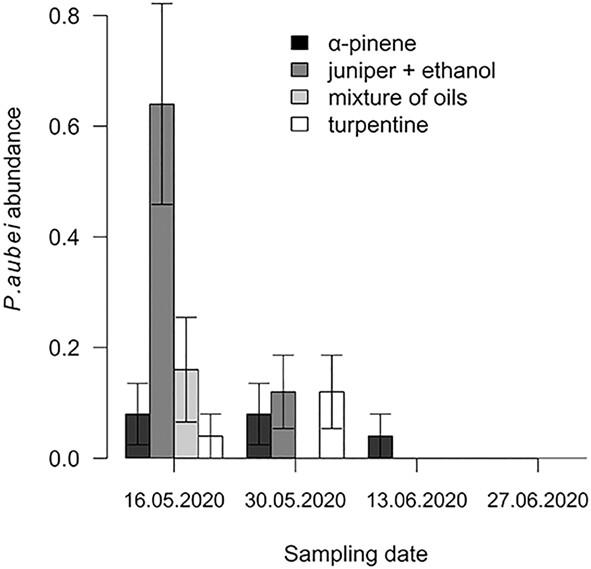 Efficacy of different lures for Phloeosinus aubei and other native and exotic bark and ambrosia beetles