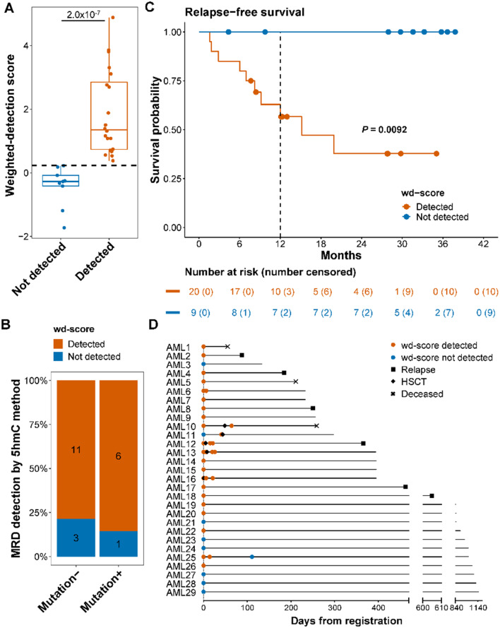 Cell-free DNA 5-hydroxymethylcytosine is highly sensitive for MRD assessment in acute myeloid leukemia.