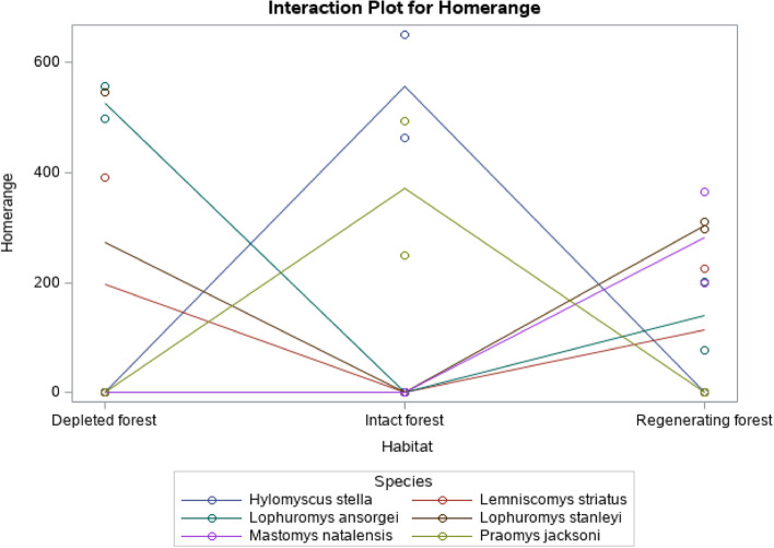 Spatio-temporal home range of the dominant rodent species in Mabira central forest reserve, Uganda.