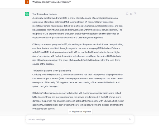 Can ChatGPT explain it? Use of artificial intelligence in multiple sclerosis communication.