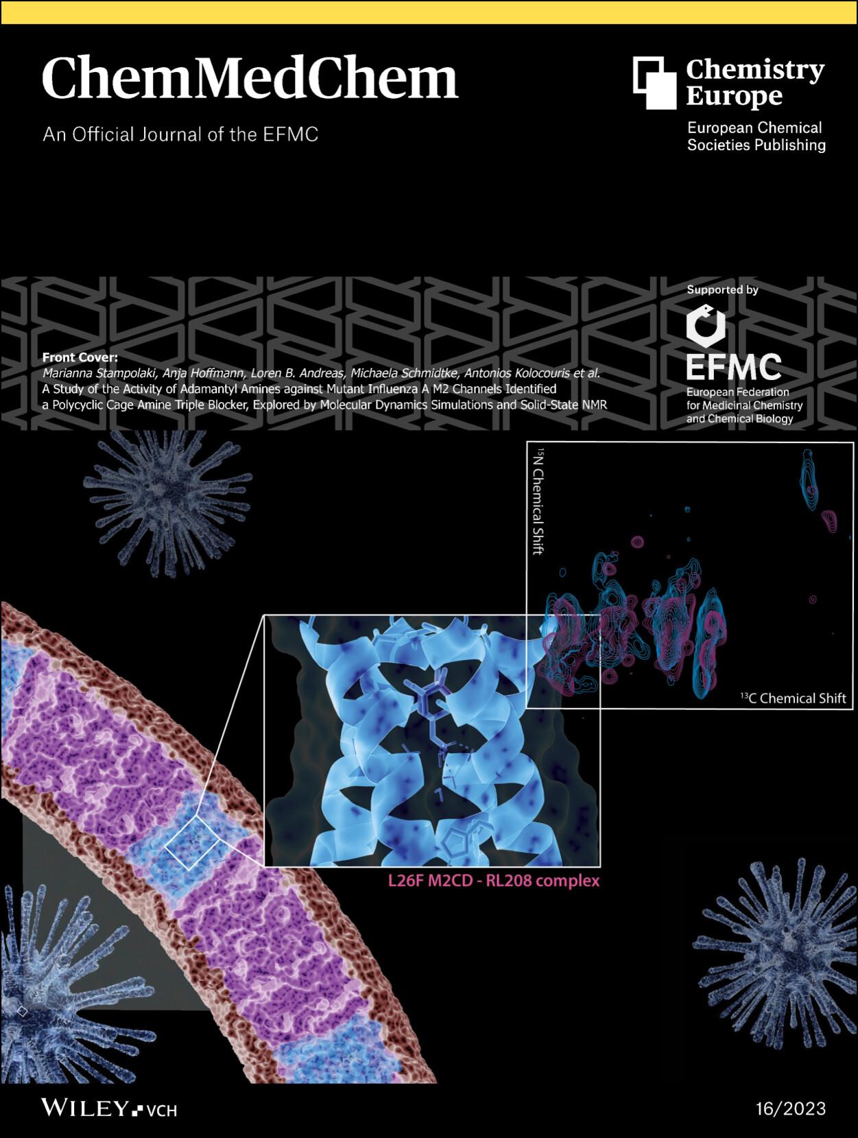 Front Cover: A Study of the Activity of Adamantyl Amines against Mutant Influenza A M2 Channels Identified a Polycyclic Cage Amine Triple Blocker, Explored by Molecular Dynamics Simulations and Solid-State NMR (ChemMedChem 16/2023)