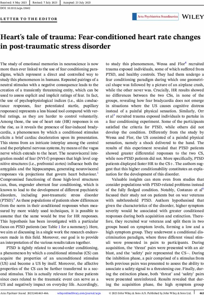 Heart's tale of trauma: Fear-conditioned heart rate changes in post-traumatic stress disorder