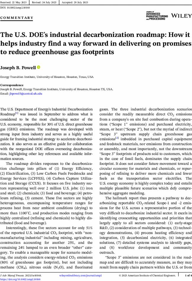 The U.S. DOE's industrial decarbonization roadmap: How it helps industry find a way forward in delivering on promises to reduce greenhouse gas footprints