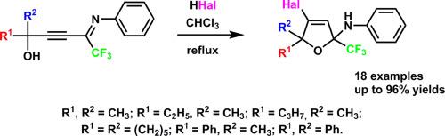 Hydrohalogenation of tertiary N-phenyl CF3-iminopropargylic alcohols