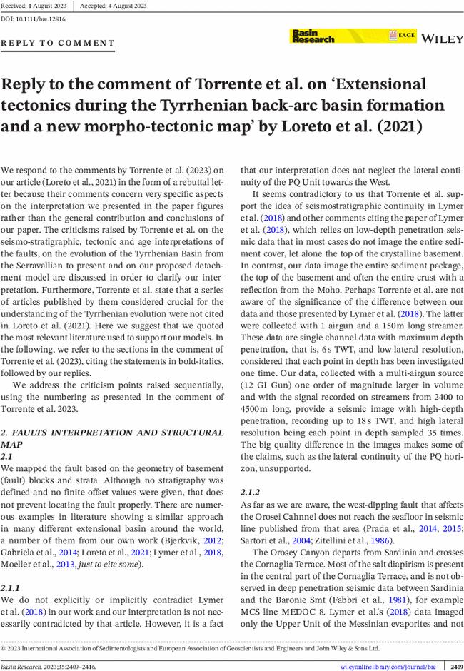 Reply to the comment of Torrente et al. on ‘Extensional tectonics during the Tyrrhenian back-arc basin formation and a new morpho-tectonic map’ by Loreto et al. (2021)