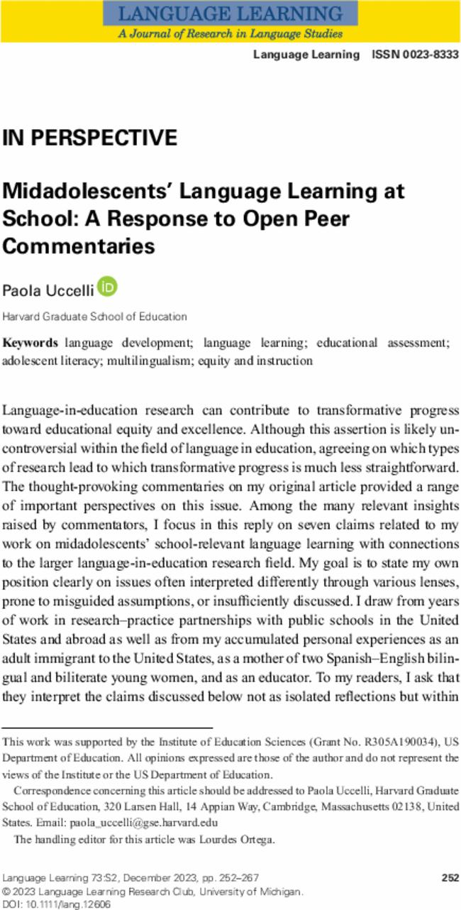 Midadolescents’ Language Learning at School: A Response to Open Peer Commentaries