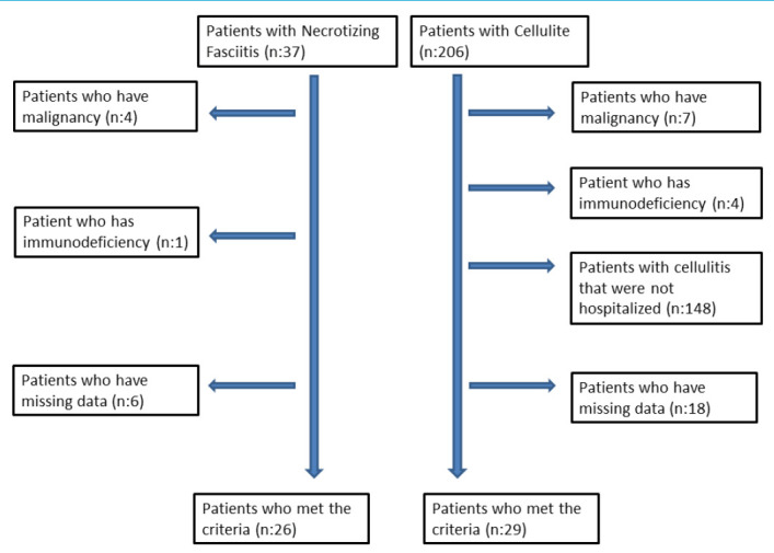 Clinical and Laboratory Parameters for Differential Diagnosis of Necrotizing Faciitis and Cellulitis.