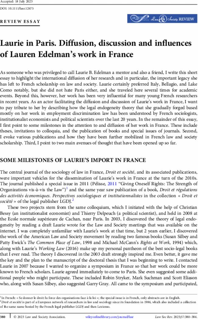 Laurie in Paris. Diffusion, discussion and influences of Lauren Edelman's work in France