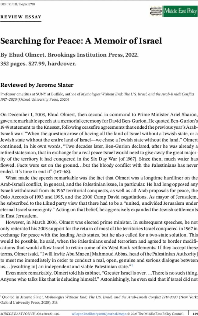 Searching for Peace: A Memoir of Israel By  Ehud Olmert. Brookings Institution Press,  2022.  352 pages. $27.99, hardcover.