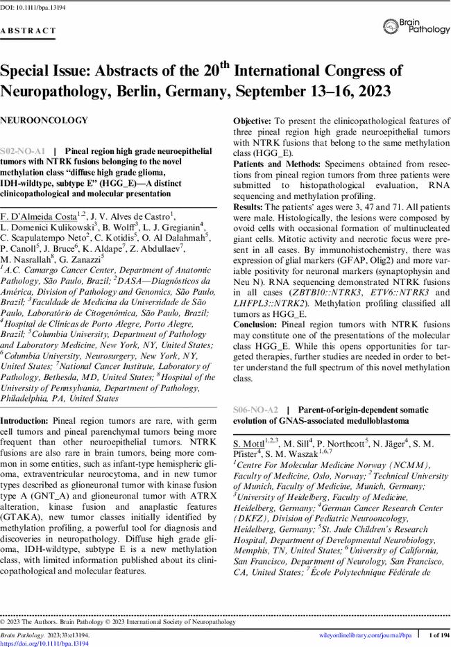 Special Issue: Abstracts of the 20th International Congress of Neuropathology, Berlin, Germany, September 13–16, 2023