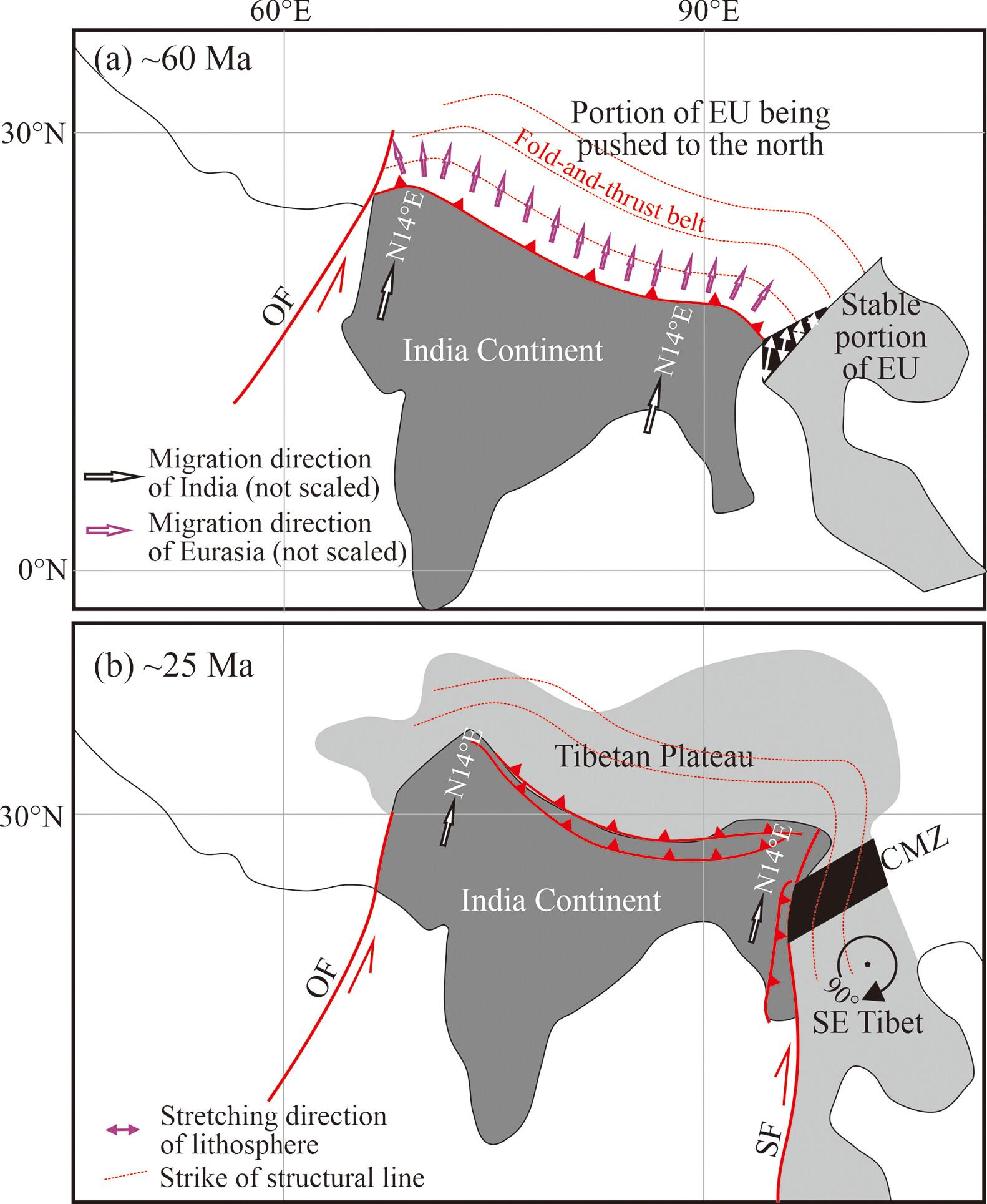 Coherent Chemical Variation Trends of the 55—25 Ma Magmatic Rocks in SE Tibet: N—S Direction Lithospheric Stretching of Eurasia during Early Stage of India—Eurasia Collision