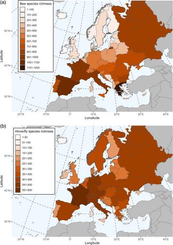 National records of 3000 European bee and hoverfly species: A contribution to pollinator conservation