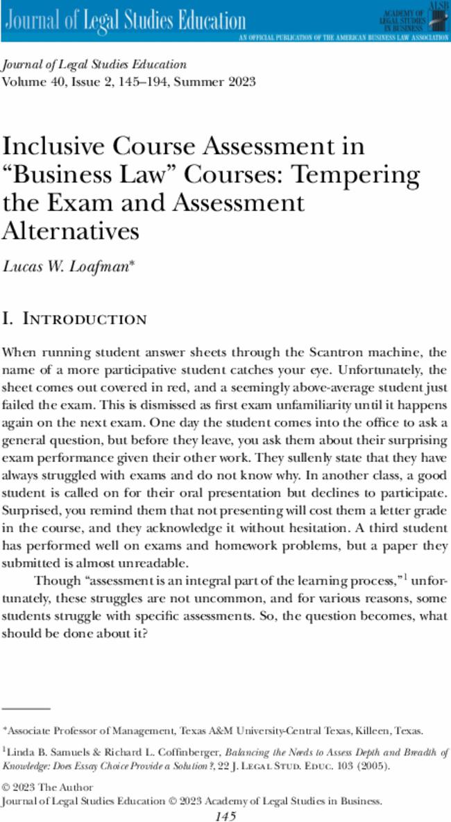 Inclusive Course Assessment in “Business Law” Courses: Tempering the Exam and Assessment Alternatives