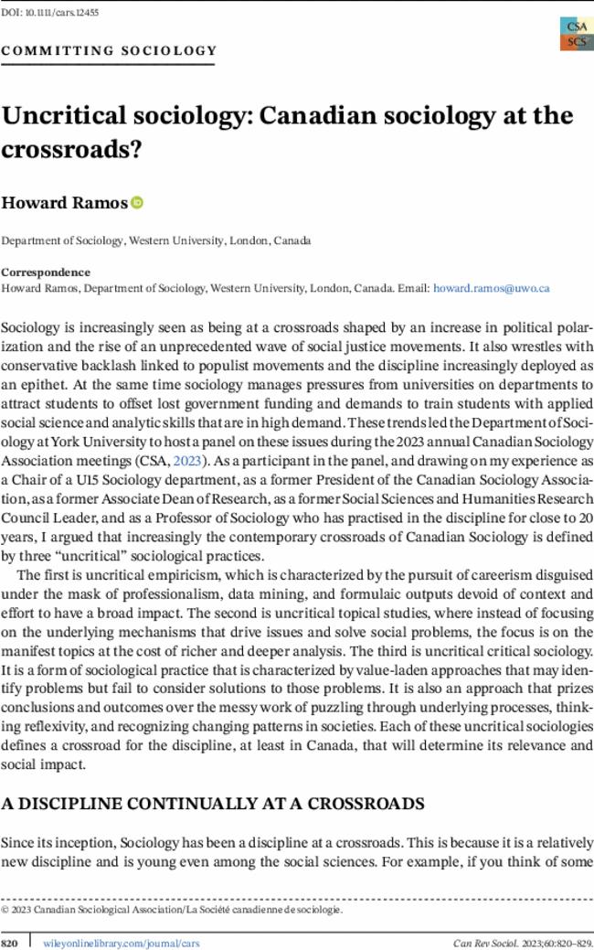 Uncritical sociology: Canadian sociology at the crossroads?